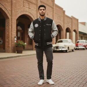 Route 66 Varsity Jacket Black Gray Embroidered Emblem "Get Your Kick" Size XL